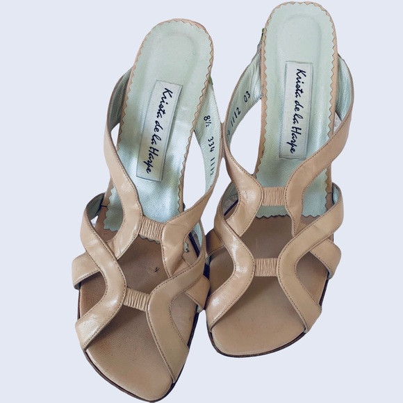 KRISTA DE LA HARPE NUDE SQUARE TOE KETTEN HEEL LEATHER SANDALS - Picture 12 of 15